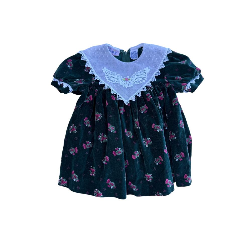 Vintage Celebration Girls Green Velvet Floral Christmas Dress Lace Collar 2T